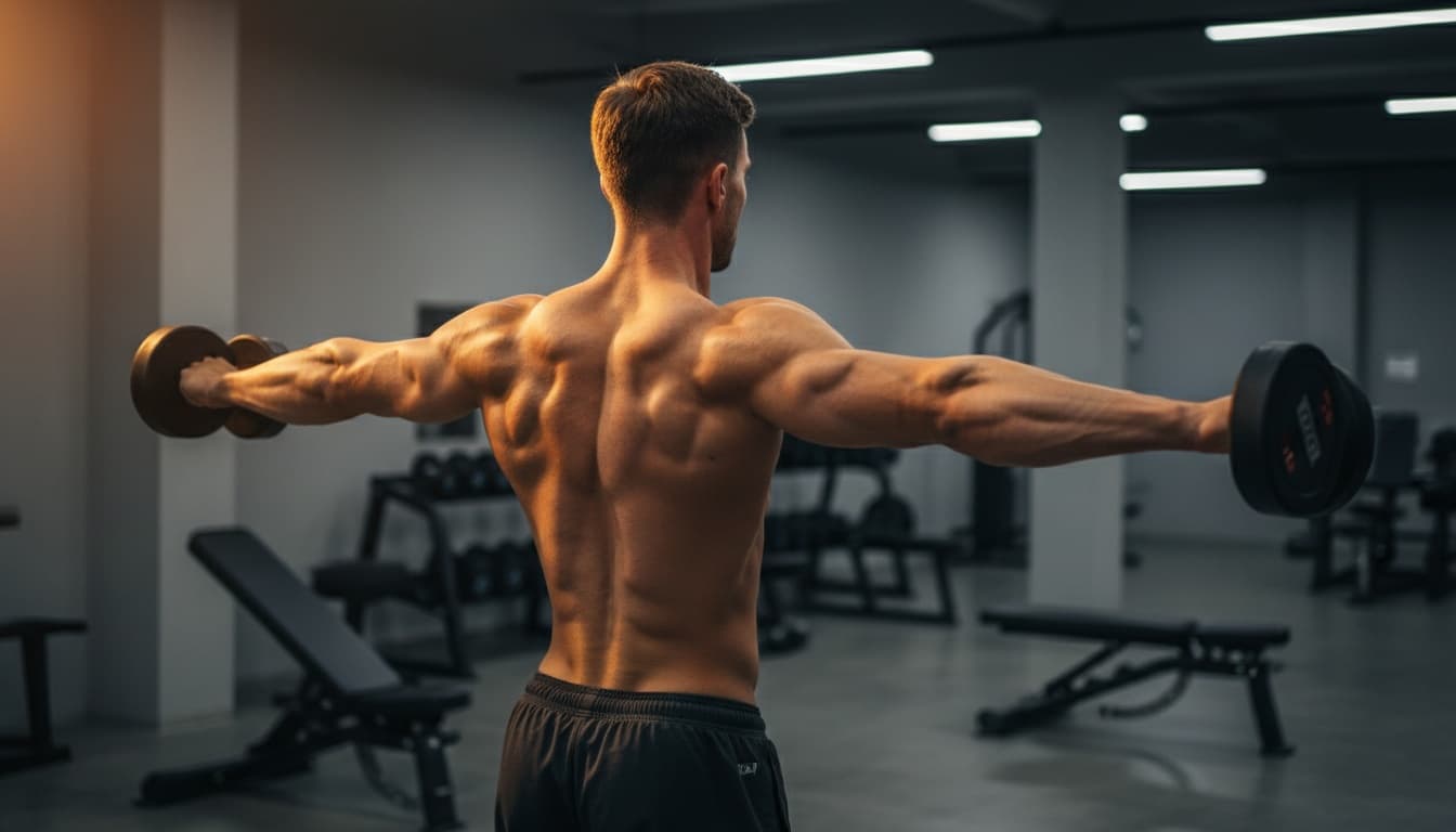 Omvända flyes tränar bakre axlar med hantlar, maskin och gummiband