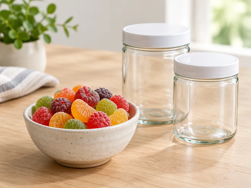 Färgglada fruktgummies i en skål bredvid två burkar utan etiketter på ett ljust bord