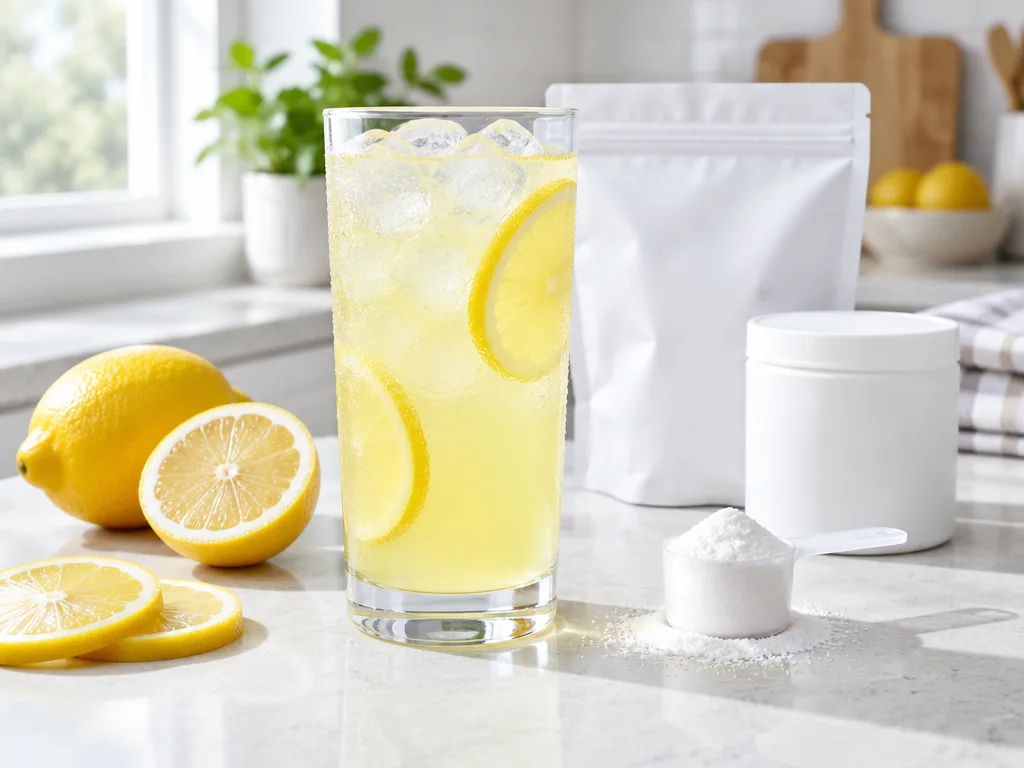 Glas med elektrolytdryck, citronskivor och en doseringsskopa med pulver på en köksbänk