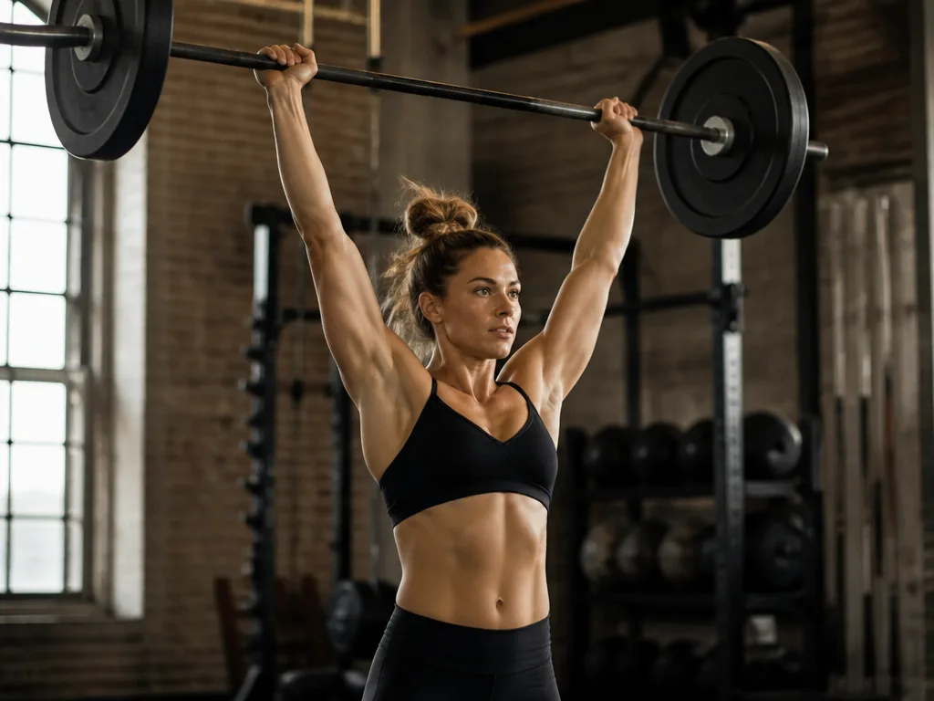 Person utför militärpress med skivstång rakt ovanför huvudet i ett gym