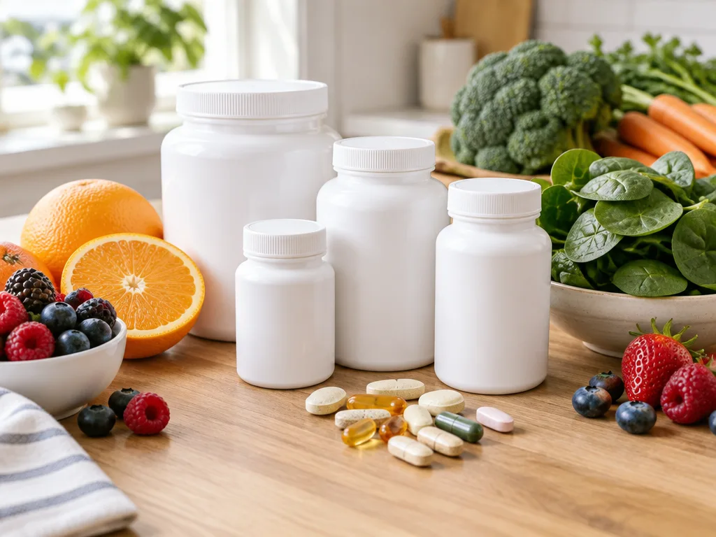 Burkar med multivitamintabletter och kapslar bredvid frukt och grönsaker på ett köksbord