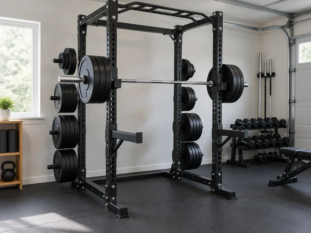 Ett svart power rack med skivstång och viktskivor står på gummigolv i ett ljust hemmagym