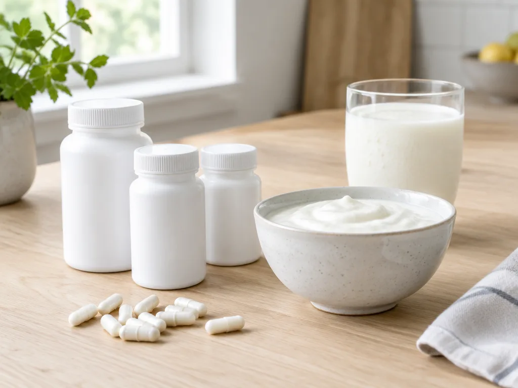 Probiotika i kapslar bredvid en skål yoghurt på ett köksbord