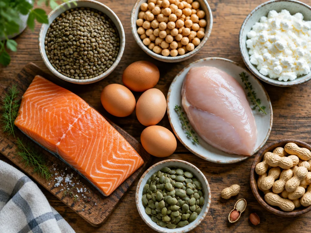 Proteinrika livsmedel på ett träbord: laxfilé, ägg, kycklingbröst, linser, kikärter, keso, pumpafrön och jordnötter